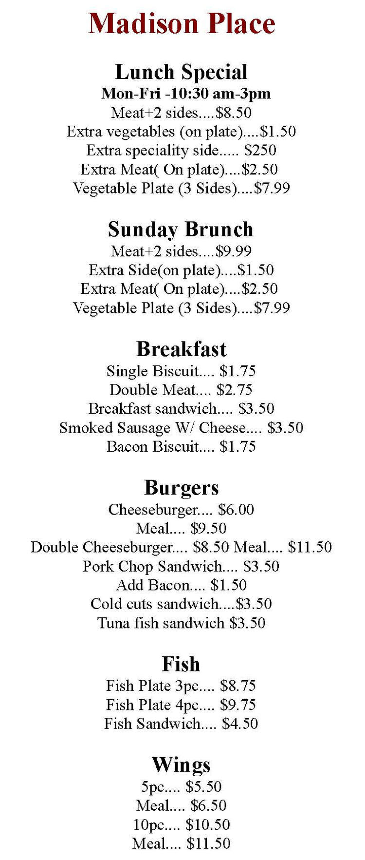 Madison Place menu page 1